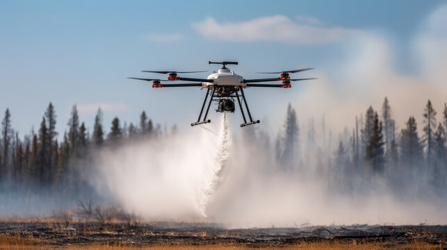 drones equipped with advanced firefighting technology actively combat raging wildfires in various landscapes