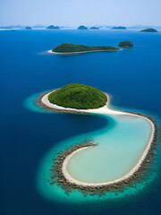 Fototapeta premium Rocky island and narrow sand bar leading to the mainland