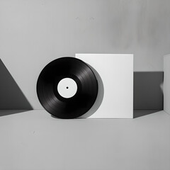 Blank vinyl record disc with white cover sleeve mockup on minimalist background