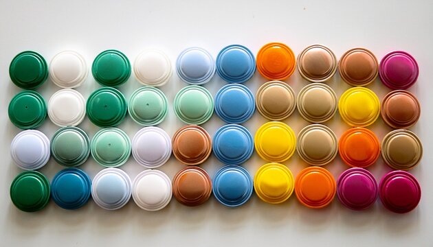 array of colorful circular objects on a white surface