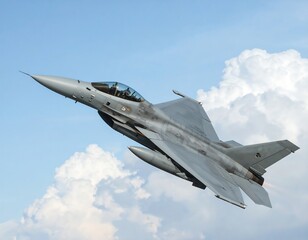 Fighter jet soaring through a partly cloudy sky