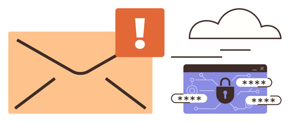 Envelope with alert sign, cloud icon, and locked interface with password fields. Ideal for cybersecurity, email safety, data protection, online security, cloud storage, secure communication simple