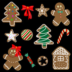 Art & Illustration,Vectorial on Set of New Year's gingerbread cookies and sweets. Stars, men, Christmas tree, hut, bow, candy. New Year's background