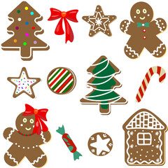 Art & Illustration,Vectorial on Set of New Year's gingerbread cookies and sweets. Stars, men, Christmas tree, hut, bow, candy. New Year's background