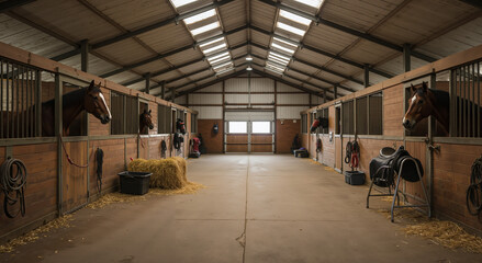 Interior of a modern, spacious stable with stalls and straw bedding