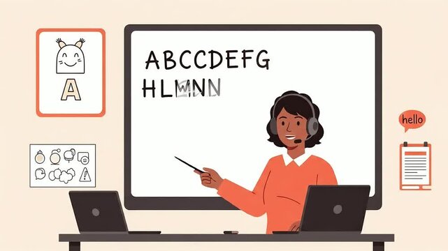 Online Teacher Explains Alphabet on Whiteboard.