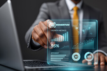 Businessman interacting with a futuristic interface displaying ai powered growth metrics, charts, and global data, symbolizing innovation and data driven decision making in the corporate world