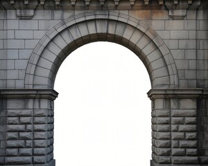 A solid, classical stone arch, crafted from rectangular blocks of light grey stone, frames a pristine white background. 