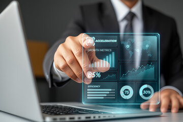 Fototapeta premium Businessman engaging with a futuristic holographic interface featuring ai driven growth metrics, highlighting artificial intelligence's role in enhancing business efficiency and acceleration