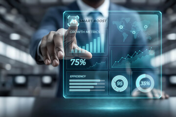 Businessman is using artificial intelligence to boost growth metrics and efficiency with a futuristic transparent screen displaying charts, percentages, and a world map