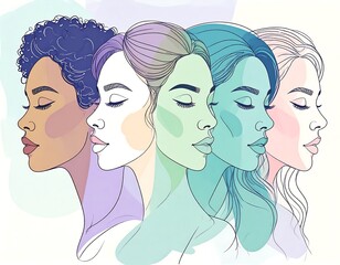 Four women's profiles, serene expressions, soft colors