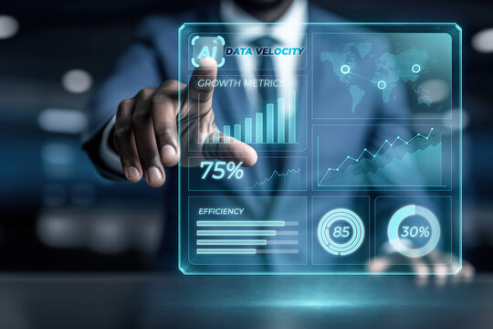 Businessman interacting with a futuristic holographic interface displaying growth metrics, key performance indicators, and ai powered data velocity analysis - Powered by Adobe