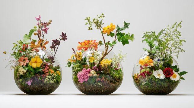 Three glass terrariums with diverse floral arrangements, showcasing vibrant colors and textures of spring blooms and greenery.