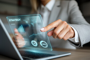 Businesswoman interacting with a futuristic transparent tablet, analyzing comprehensive market data, visualizing charts and graphs to enhance global business strategy and drive innovation