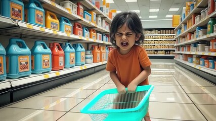Excited and angry capricious girl cries and demands to buy something in the store