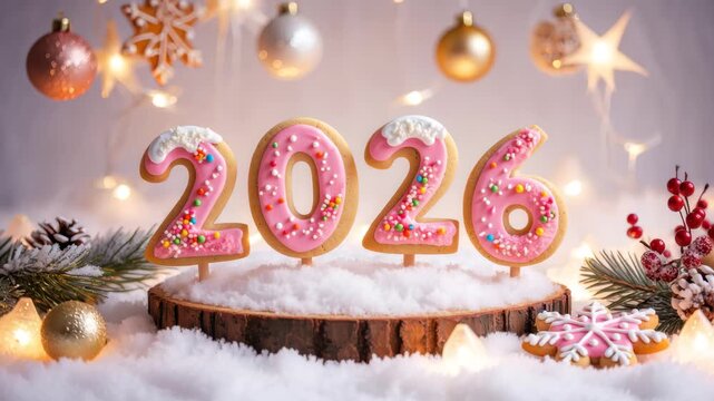 Pink frosted 2026 cookies in snowy setting, festive New Year decoration, holiday sweets with Christmas ornaments, winter celebration background
