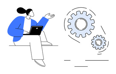 Female figure sits with laptop, gesturing towards large interconnected gears. Ideal for innovation, workflow, teamwork, technology, efficiency, planning progress. Clean simple flat metaphor