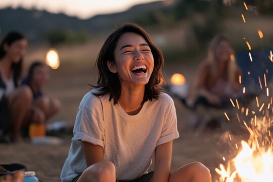 Young woman laughing around campfire with friends at dusk - Powered by Adobe