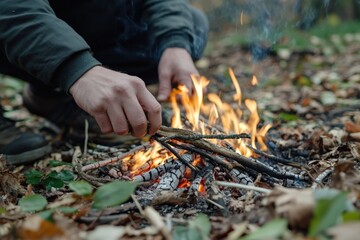 Hiker adding wood to campfire in forest during autumn