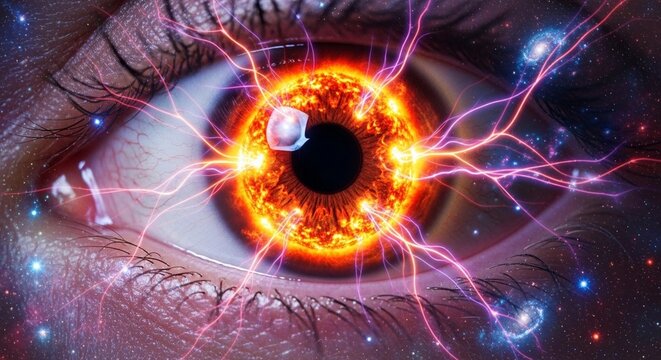 Close-up of a human eye, iris exploding like a fiery sun with glowing plasma tendrils, cosmic galaxy textures
