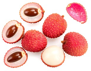 Fresh lychees, halves and sections, isolated on white