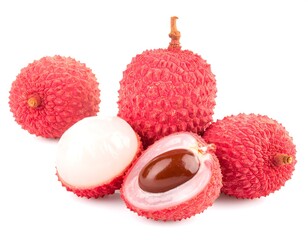 Fresh lychees, whole and halved, isolated on white