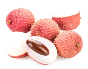 Fresh lychees, whole and halved, on white background