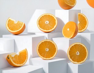Fresh orange slices arranged on white cubes