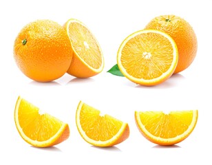 Fresh oranges, cut and whole, on white background