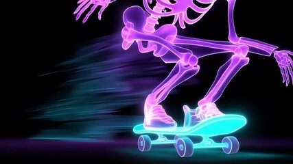 Neon Skeleton Shredding on Skateboard: Animated Loop for Extreme Sports and Halloween - Powered by Adobe