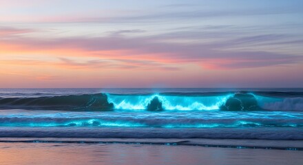 Obraz premium Bioluminescent waves illuminated by the setting sun create a magical ocean spectacle