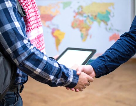 Bridging Cultures A Global Business Handshake with a Tablet Before a World Map.