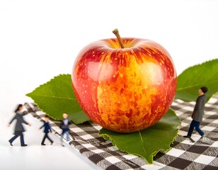 Giant apple with miniature people walking