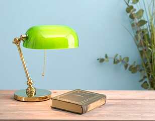 Green desk lamp and book on wooden table