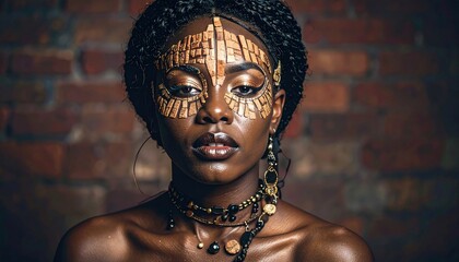 An alluring portrait of a woman adorned with unique mask and captivating jewelry