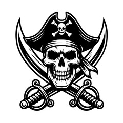 Pirate Skull with Crossed Swords Vector Illustration | Black and White Pirate Hat Skull Logo | Tattoo, T-Shirt, Sticker, and Halloween Pirate Symbol Design