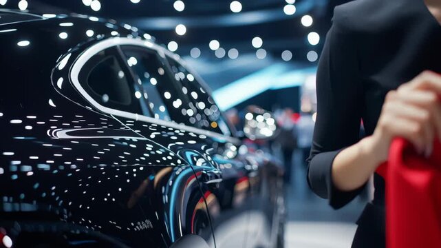 Professional hostess revealing sleek black luxury car at high end automotive industry showcase, emphasizing cutting edge design and technological innovation