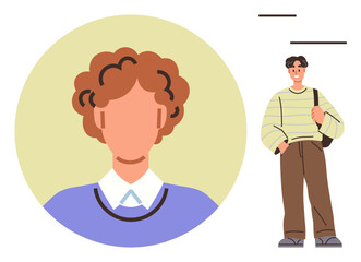 Close-up of curly-haired person in a circular background alongside full-body view in relaxed outfit. Ideal for youth, lifestyle, fashion, modern identity, casual branding, individuality, education