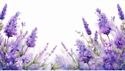 Fototapeta premium border of tender watercolor lavender flowers border on white background ai generated