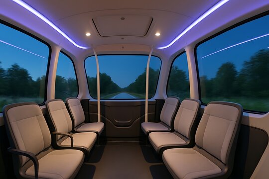 Experience Modern Transportation: Interior of Futuristic Autonomous Vehicle for Safe, Comfortable and Efficient Travel. Perfect for Tech, Innovation and Transportation Campaigns.