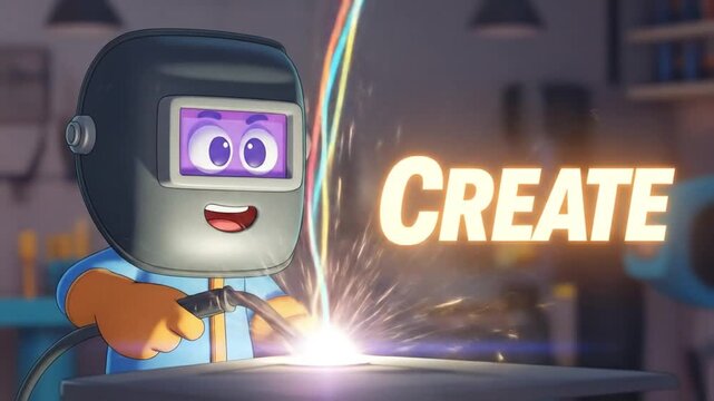 Animated welder character welding metal with sparks and glowing CREATE text in workshop.