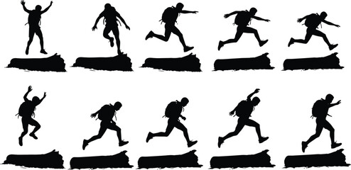 Backpacker silhouette jumping over log, hiking action sequence, outdoor adventure, obstacle leap, trekking motion, sports movement, wilderness, travel, exploration