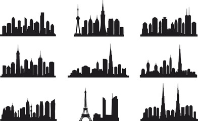 Fototapeta premium City skyline silhouettes of Shanghai, New York, Chicago, London, Paris, Dubai, Indian city, modern architecture illustration for travel design