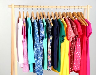 Colorful clothing displayed on a wooden rack