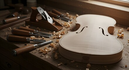 Luthier's traditional carving tools like chisels and planes laid out around an unfinished violin