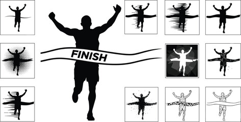 Runner crossing finish line illustration set, race victory, marathon, sprint, athlete celebration, sports competition, winning moment, motion, success, creative design
