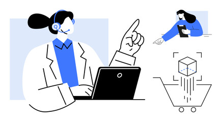 Female agent wearing headset assisting online transactions on a laptop. Other elements include digital product selection, customer focus, and e-commerce. Ideal for customer service, support tools