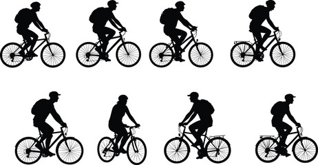 Silhouette cyclists riding bicycles with backpacks, caps, varied bike designs, side profile, transportation, sport, outdoor activity, urban lifestyle, motion sequence