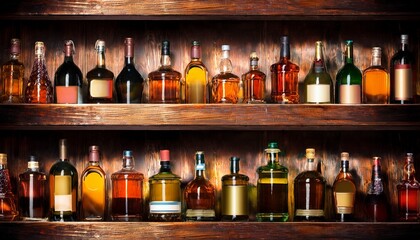 bottles sitting on shelf in a bar