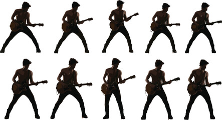 Silhouette shirtless electric guitar player poses, rock musician performance, dynamic stage movement, live concert energy, artistic music illustration, expressive body language